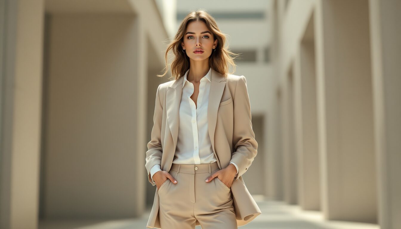 tenue avec pantalon beige femme